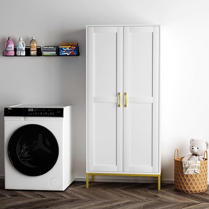 Tall Storage Cabinet, Kitchen Pantry Cabinet with 2 Doors & Adjustable Shelves for Laundry Room, Living Room, Entryway,Bathroom,White-Ruum Studio Home