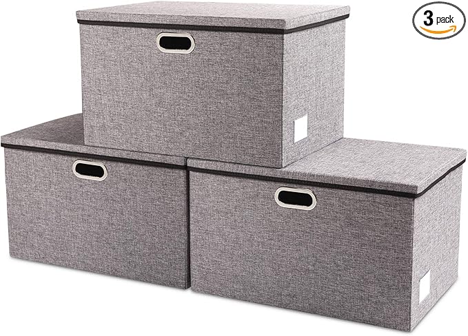 PRANDOM Extra Large Collapsible Storage Bins with Lids [3-Pack] Linen Fabric Foldable Storage Baskets Boxes Organizer Containers Cube with Cover for Bedroom Closet Office Nursery (22.8x15.75x13.8)-Ruum Studio Home