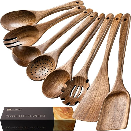 Wooden Spoons for Cooking, Nonstick Cooking Utensil Set with 8 Piece Acacia Wooden Spatulas and Spoons for Cooking, Terrific for Everyday Kitchen Tasks-Ruum Studio Home
