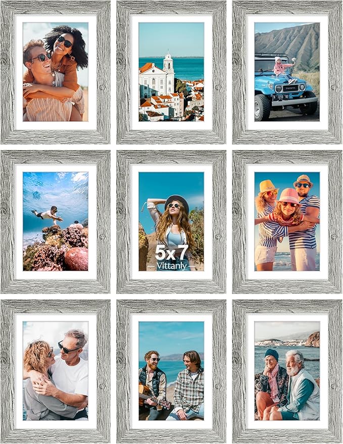 Vittanly 5x7 Picture Frames Set of 9, Shatter Resistant Plexiglass, Display 4x6 Pictures with Mat or 5x7 without Mat, Photo Frames for Wall or Tabletop, Engineered Wood, Grey-Ruum Studio Home