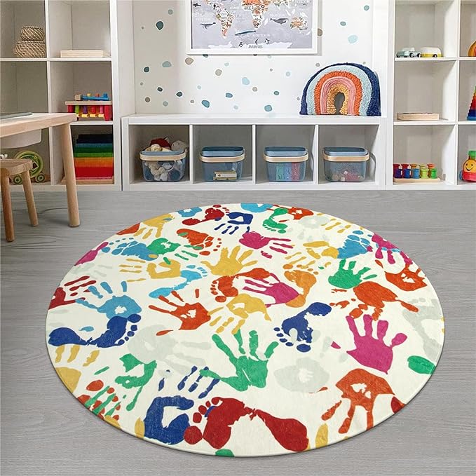 STARUIA Large Round Rug for Classroom 6 Ft, Colorful Circle Rug for Nursery, Washable Kids Rug for Playroom, Soft Circular Carpet Handprints and Footprints Play Mat for Kids Bedroom Toy Room-Ruum Studio Home