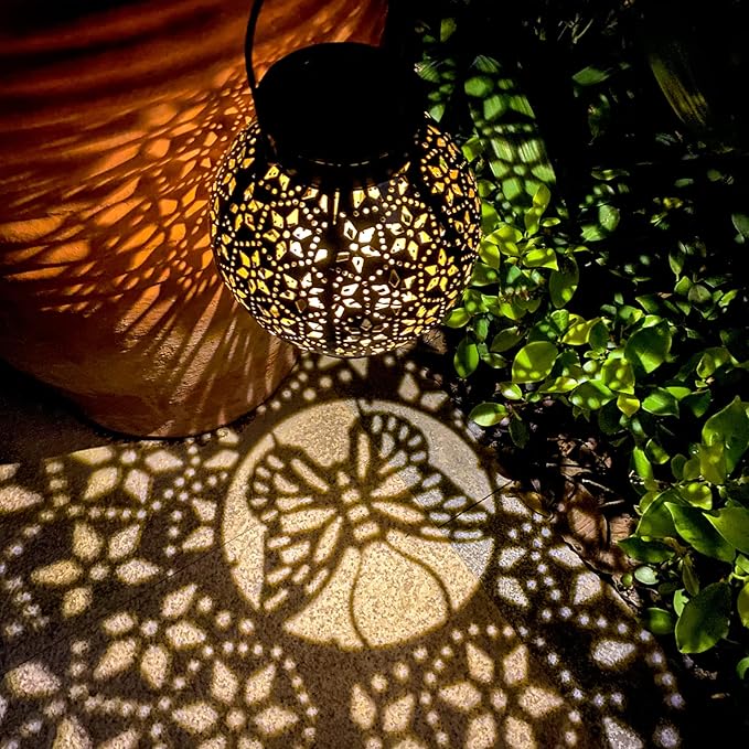 2 Pack Outdoor Solar Lantern Lights, Waterproof Tabletop LED Moroccan Lanterns, Hanging Metal Decorative Garden Lights for Patio, Lawn, Porch, Backyard-Ruum Studio Home
