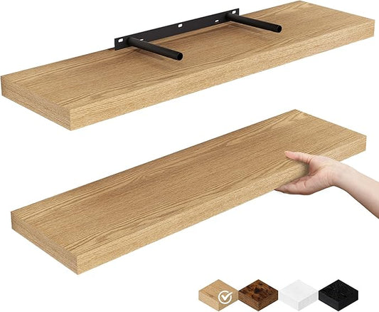Fun Memories Floating Shelves for Wall, 24" Rustic Wood Deep Wall Mounted Shelves with Invisible Brackets for Decor & Storage, Floating Shelf for Living Room, Bathroom (Oak, Set of 2)-Ruum Studio Home