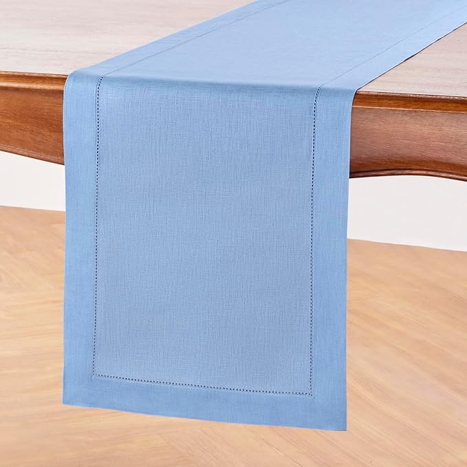 Solino Home Linen Cornflower Blue Table Runner 72 Inches Long - 100% Pure Linen Hemstitch Table Runner 14 x 72 Inch for Dresser, Dining - Classic Hemstitch-Ruum Studio Home