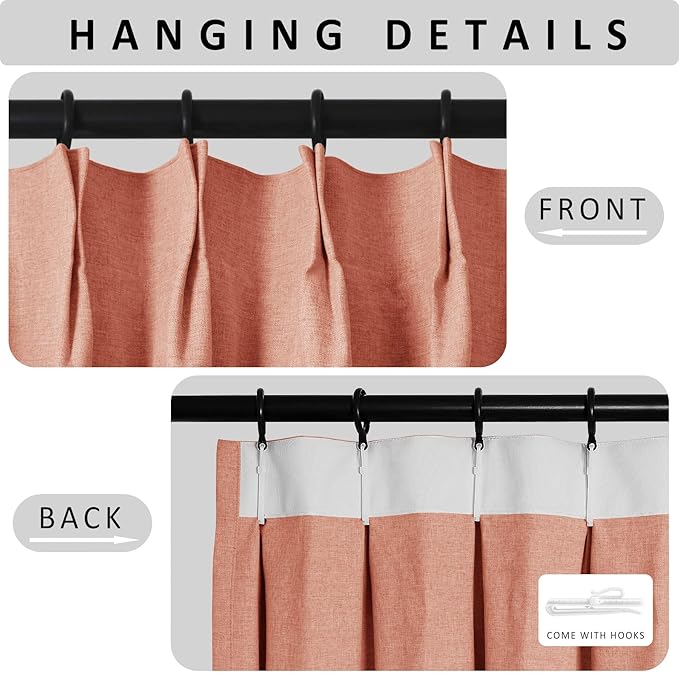 Macochico 100% Blackout Pinch Pleated Linen Curtains Thermal Window Treatments Sound Reducing Curtains for Bedroom Living Room Orange Farmhouse Burlap Drapes with Tieback 52”Wx63”L 1 Panel-Ruum Studio Home