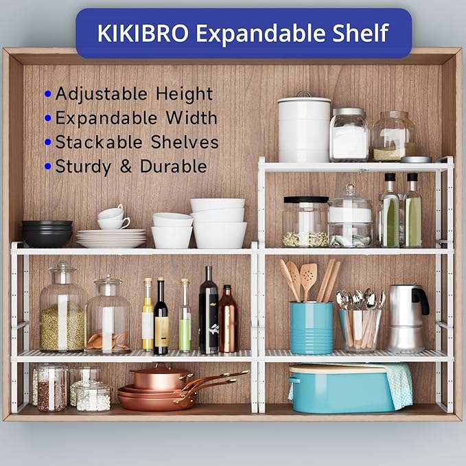 Expandable Cabinet Shelf Organizers, Kitchen Small Stand Rack Organization for Countertop Cupborad Pantry, White 1 Pack-Ruum Studio Home