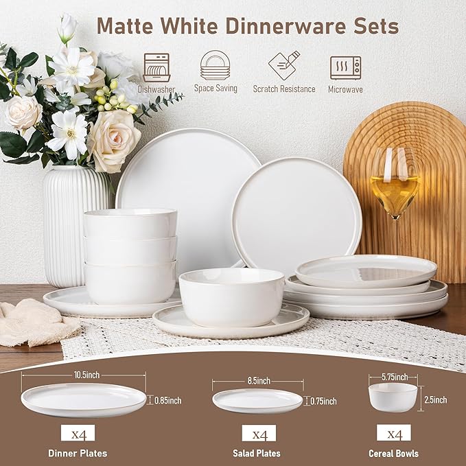 GBHOME Ceramic Dinnerware Sets for 4, 12 Pieces Stoneware Plates and Bowls Sets, Reactive Glaze Dishes -Scratch Resistant, Dishwasher&Microwave Safe-Star White-Ruum Studio Home
