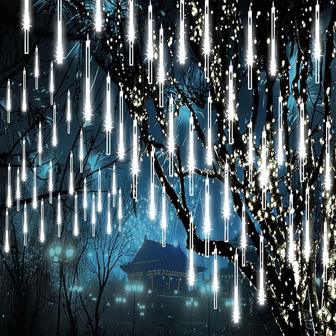 Meteor Shower Lights Christmas Lights Outdoor 24-Tube 576LEDs Snow Falling Rain Cascading Icicle Lights for Xmas Tree Christmas Decorations Wedding Party Holiday Garden Decor, UL Plug White-Ruum Studio Home