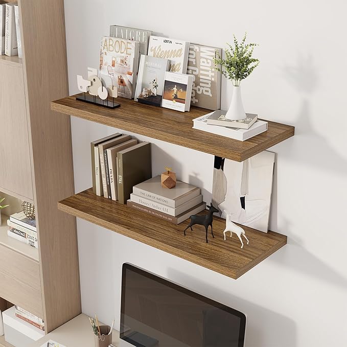 36" Floating Shelves for Wall, 12" Deep Slim Walnut Floating Shelves, Wall-Mounted Shelves for Bedroom, Living Room, Kitchen, Bathroom - Set of 2-Ruum Studio Home