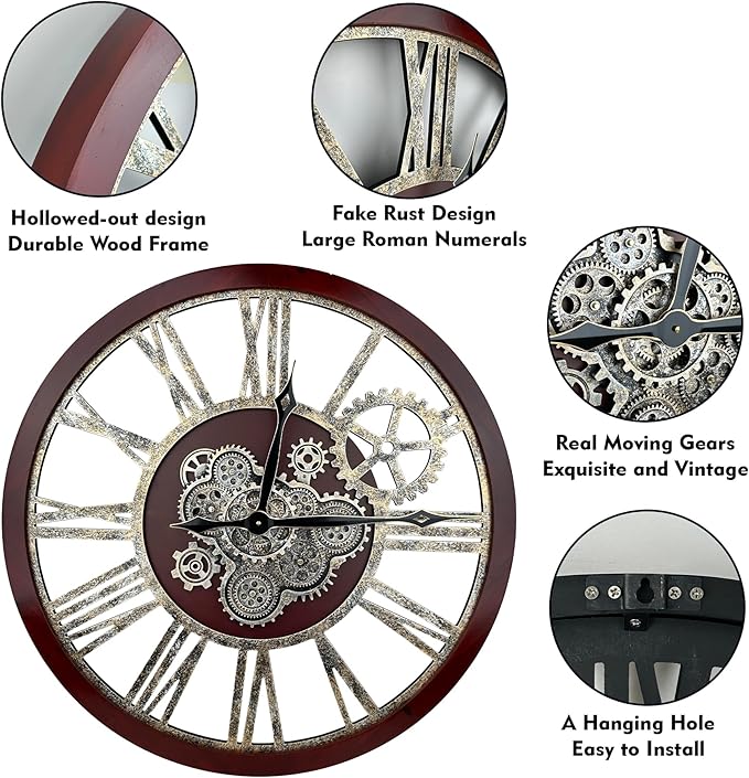 The B-Style Large Real Moving Gears Wall Clock 30 inch Rustic Retro Industrial Farmhouse Wood Clock Oversized Decorative Vintage Wall Clocks for Living Room (Black walunt Wood and Bronze)-Ruum Studio Home