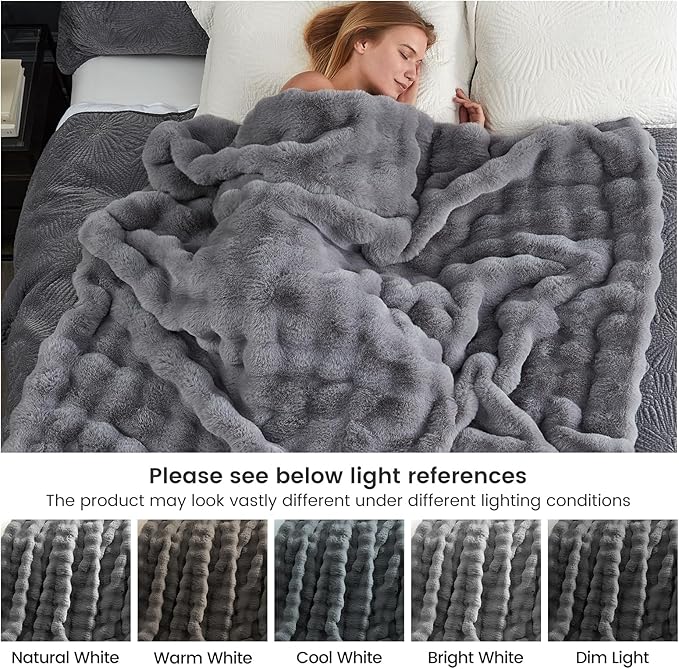 Cozy Bliss Faux Fur Throw Blanket for Couch, Fuzzy Soft Plush Thick Bubble Blanket for Sofa Bedroom Living Room, 90 * 90 Inches Light Grey-Ruum Studio Home