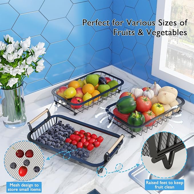 ANTOPY 3 Tier Fruit Basket with 2 Banana Hangers, Countertop Fruit Vegetable Basket Bowl for Kitchen Counter Metal Mesh Basket Fruits Stand Produce Holder Organizer for Onion Potato Bread Snack Veggie-Ruum Studio Home