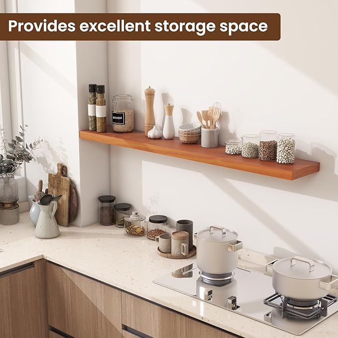 Light Brown Wooden Floating Wall Shelves 48 Inches Long x 8”x 1.4” Shelf Floating Rustic Farmhouse Decor, Heavy Duty Shelf Hold 100 lbs, Wall Shelves for Bathroom Living Room Kitchen Bedroom Office-Ruum Studio Home