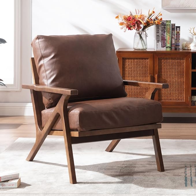 Wahson Brown Leather Accent Chair Mid Century Modern Chair, Retro Upholstered Armchair with Wood Frame and Removable PU Cushions, Large Compfy Leisure Slipper Chair for Living Room/Bedroom-Ruum Studio Home