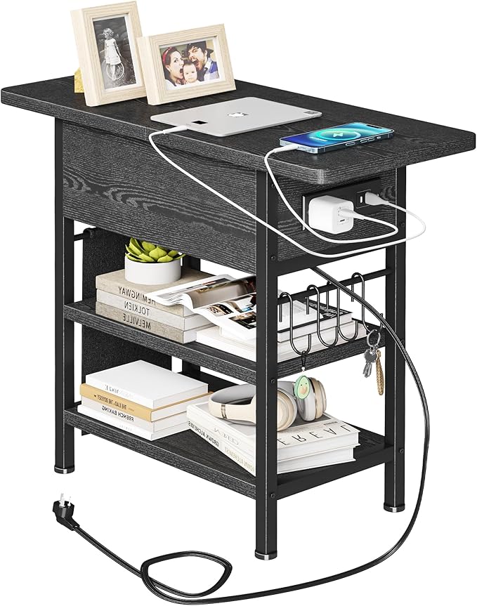 End Table with Charging Station, Flip Top Nightstand with USB Ports and Outlets,Couch Side Table with Fabric Bag and Hooks, Bedside Table for Space Saving, Living Room, Bedroom (Black)-Ruum Studio Home