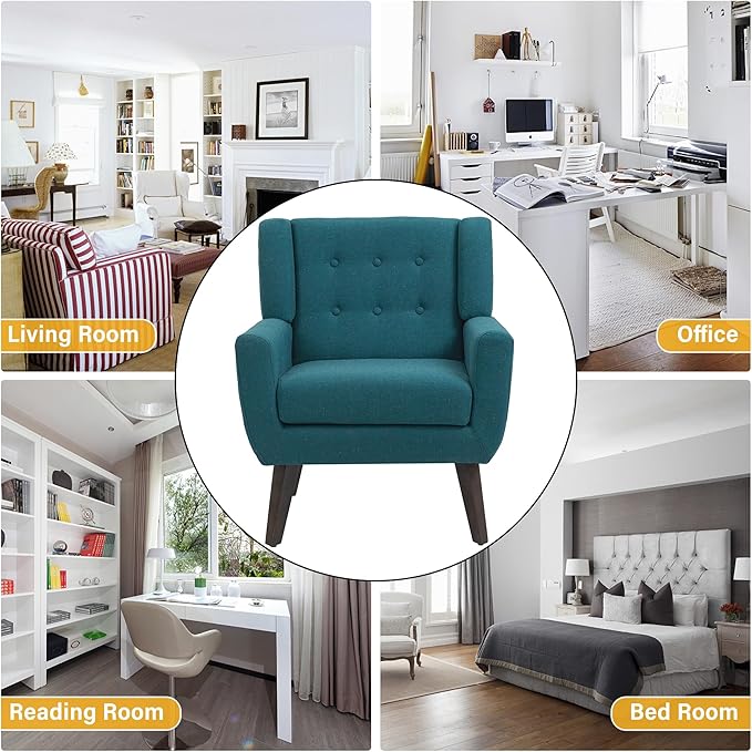 UIXE Accent Chair Modern Arm Chair, Mid Century Upholstered Club Armchair, Comfy Single Lounge Sofa Living Room Button Tufted Armrest Reading Seat Bedroom Side Seating, Turquoise Blue-Ruum Studio Home