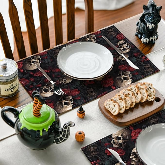 Halloween Skull Rose Placemats, Washable Heat Resistant 12×18 Inch Table Mats Floral Place Mats for Party Outdoor Decoration Kitchen Dining Décor-Ruum Studio Home