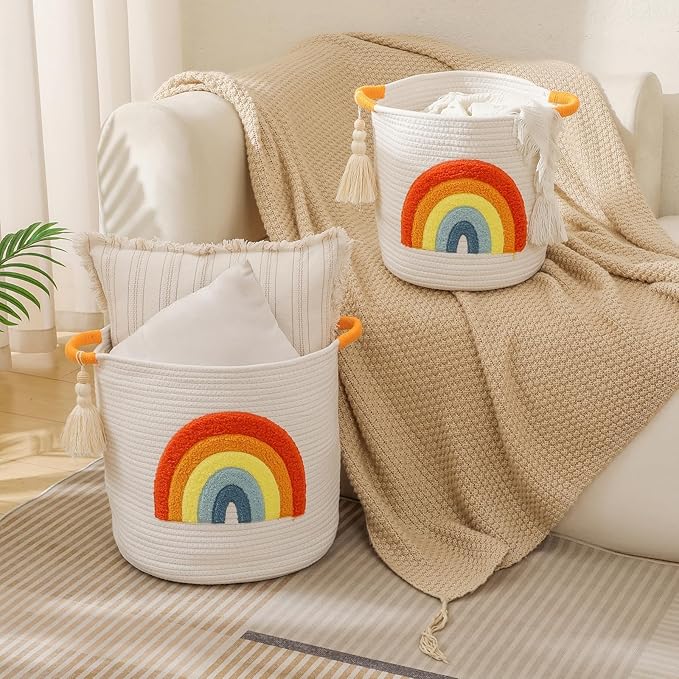 INough Toy Storage Baskets Woven Cotton Rope Storage Basket Kids Blanket Baskets for Living Room, Toys Organizer with Embroidery Colorful Rainbow Decor, Baby Basket for Laundry Nursery (Boho Rainbow)-Ruum Studio Home