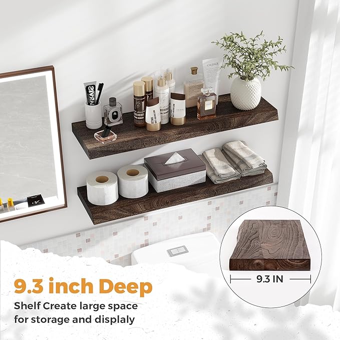 RICHFOCUS Live Edge Elm Floating Shelves - 30" W x 9.3" D Rustic Solid Wood Wall Shelves with Invisible Bracket, Wall-Mounted for Living Room, Bedroom, Kitchen Storage & Display, Set of 2, Walnut-Ruum Studio Home