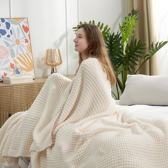 Snuggle Sac Ultra Soft Waffle Throw Blanket for Couch Bed Sofa 50x60 inches, Reversible Cream Blanket Microfiber Fluffy Fuzzy Cozy Knit Throws for Women Mothers Birthday Gifts-Ruum Studio Home