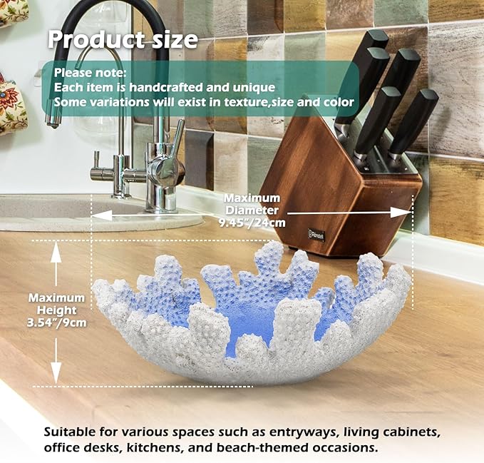 Santorini Blue Coral reef Textured Decorative Bowl,9.45" Medium Resin Decorative Centerpiece Bowl for Coastal Beach theme house table centerpiece decorations & Nautical decorations for coffee table-Ruum Studio Home