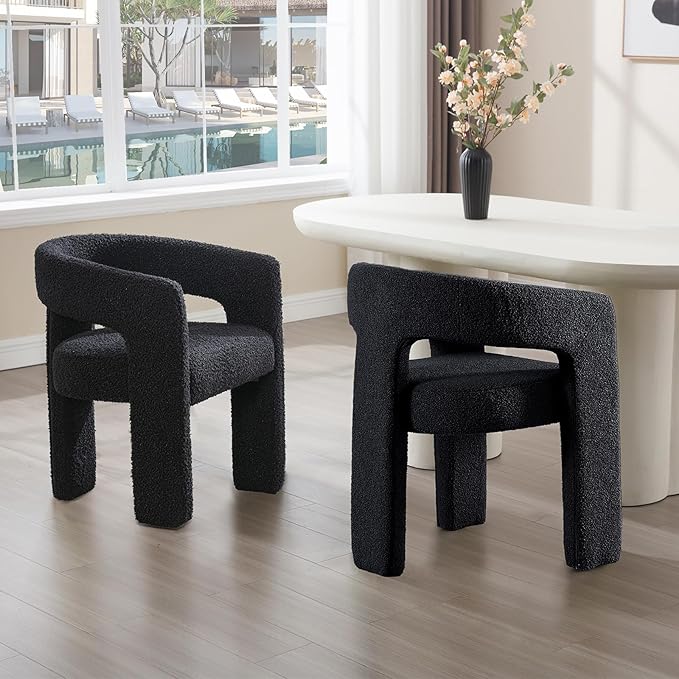 Black Sherpa Dining Chairs Set of 2, Modern Barrel Dining Room Chairs Upholstered Faux Fur Accent Chair with Arms and Round Back for Living Room Kitchen Armchair No Assembly Needed-Ruum Studio Home