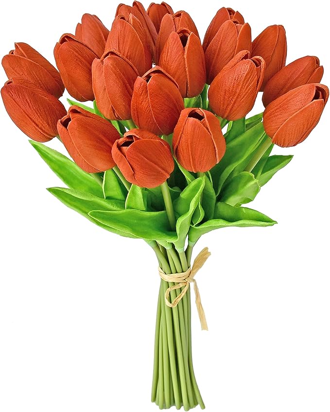Mandy's Artificial Tulips 20 Stems Dark Orange PU Faux Flowers for Wedding Home Decor 13.5 Inch-Ruum Studio Home