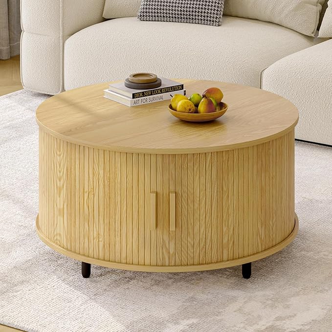 Round Coffee Table with Storage, 31.5" Modern Coffee Table with 360° Curved Sliding Door, Fluted Wood Accent Coffee Table with Adjustable Footpads, Round Center Table for Living Room, Oak-Ruum Studio Home