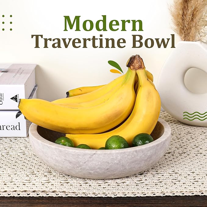 Travertine Decorative Bowl - 7.8” Diameter & 2” Height - Key Bowl for Entryway Table - Organic Modern Centerpiece - White/Gray-Ruum Studio Home