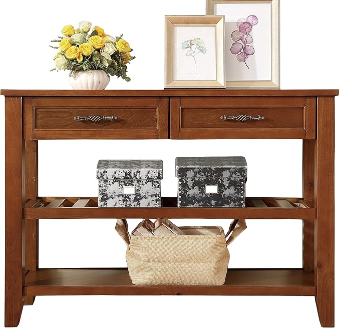 Solid Wood Console Table Entryway Table with Storage Drawers and Shelves Sofa Tables (42" Brown)-Ruum Studio Home