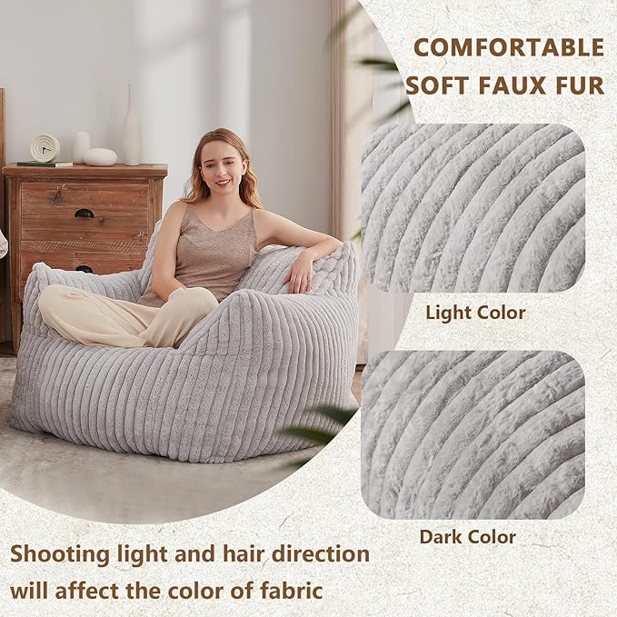 Giant Bean Bag Chairs for Adults Teens, Large Bean Bag Sofa Chairs with Filling Comfy Fuzzy BeanBag Chair with Armrests for Bedroom Living Room Reading (Light Gray, Large)-Ruum Studio Home
