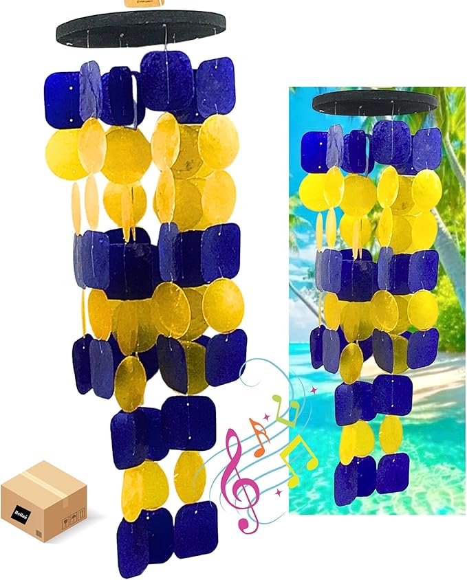 Bellaa 24889 Wind Chimes Outdoor, Garden Decorations, Musical, Indoor/Outside Windchimes, Beach, Ocean Breeze, Gifts for Mom, Gift for All Occasions, Capiz Sea Glass Shells Wood Yellow Blue-Ruum Studio Home