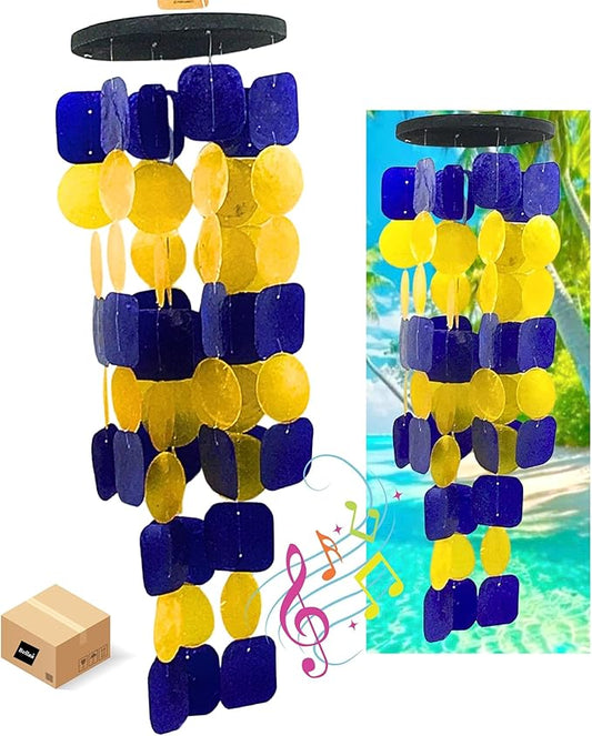 Bellaa 24889 Wind Chimes Outdoor, Garden Decorations, Musical, Indoor/Outside Windchimes, Beach, Ocean Breeze, Gifts for Mom, Gift for All Occasions, Capiz Sea Glass Shells Wood Yellow Blue-Ruum Studio Home
