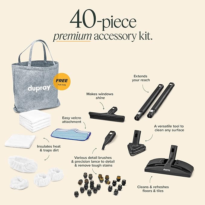 Dupray Neat Steam Cleaner with 40-Piece Accessory Kit, Powerful, chemical-free cleaning for floors, cars, tiles, grout, and more. *Kills 99.9% of Bacteria and Viruses-Ruum Studio Home
