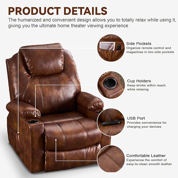 SALOHZA Power Lift Recliner Chair for Elderly with Massage and Heat for Living Room, Electric Recliner Chair for Adults with USB/Type C Port/Cup Holders, PU Faux Leather, Light Brown-Ruum Studio Home