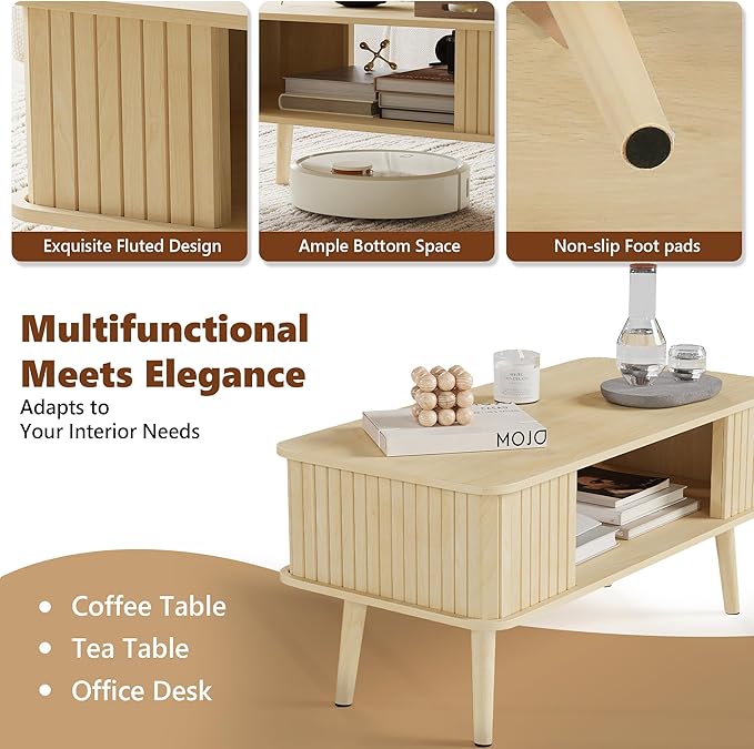 LAZZO Coffee Table with Storage Center Table for Living Room Rectangle Coffee Table with Rounded Edges,Easy Assembly, Natural Wood-Ruum Studio Home