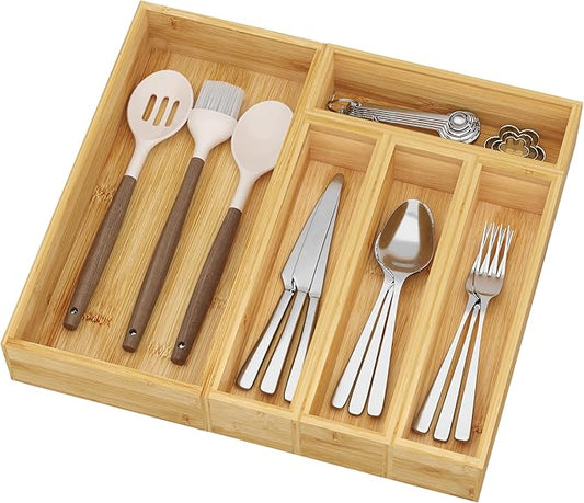 BAMEOS Utensil Drawer Organizer, 5 Slots Silverware Organizers for Kitchen Drawers, Bamboo Flatware Organizer for Knives Cutlery Spoons Forks (Natural)-Ruum Studio Home
