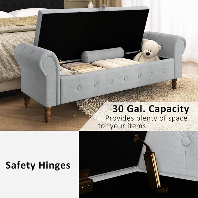 Storage Ottoman Bench for Bedroom, 63" End of Bed Bench with Rolled Arms Upholstered Ottoman Bench Fit for Bedroom, Living Room, Entryway, Velvet Light Gray-Ruum Studio Home