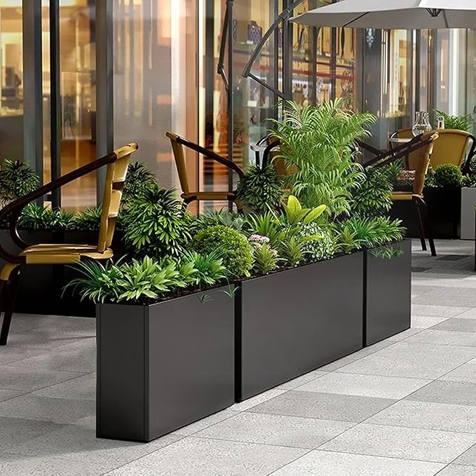 Galvanized Steel Metallic Heavy Planter for Outdoor Plants Metal Outdoor Planter Spliced Flower Box with Partitions for Outside,Indoor,Garden (Black, 30 * 12 * 24)-Ruum Studio Home