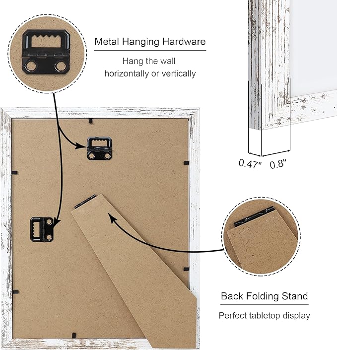 8x10 Picture Frame Set of 4, 8 x 10 Wood Photo Frames with Mat for 5x7, Rustic Natural Wooden Frame with Real Glass Cover for Wall and Tabletop Display,Distressed White-Ruum Studio Home
