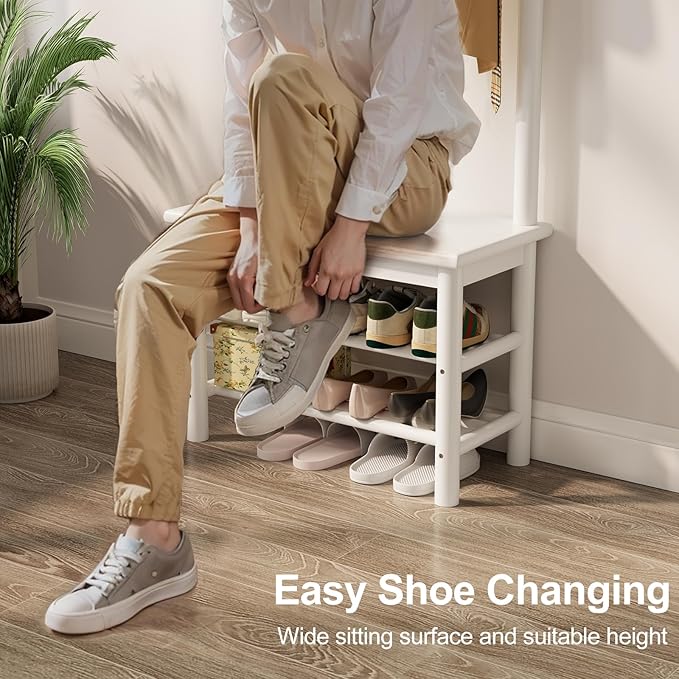 Coat Rack with Shoe Storage, Narrow Wooden Hall Tree with Bench, 11 Hooks and 2-Tier Storage Shelves, 3-in-1, Entryway Bench with Coat Rack (23.6"-Deep White)-Ruum Studio Home