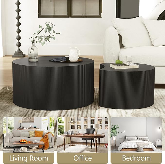 Round Coffee Table Set of 2, Modern Wooden Nesting Coffee Tables for Living Room, No Assembly Required Circle Side Table Set Accent Furniture for Bedroom, Balcony,Office, Black-Ruum Studio Home