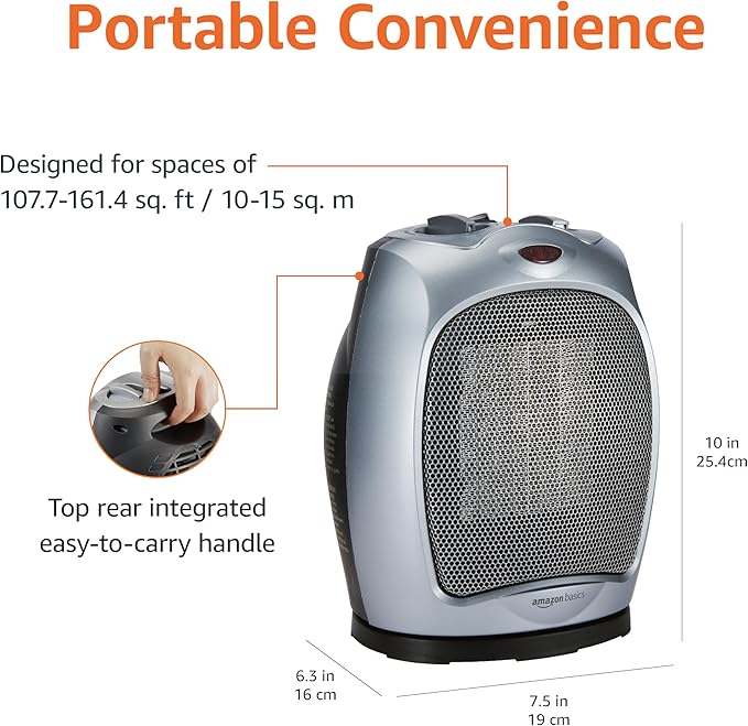 Amazon Basics Oscillating Ceramic Space Heater, Portable Indoor Heating Solution, With Overheat and Tip-Over Protection, Thermostat, 1500W, 7.52"D x 6.34"W x 9.45"H, Silver-Ruum Studio Home