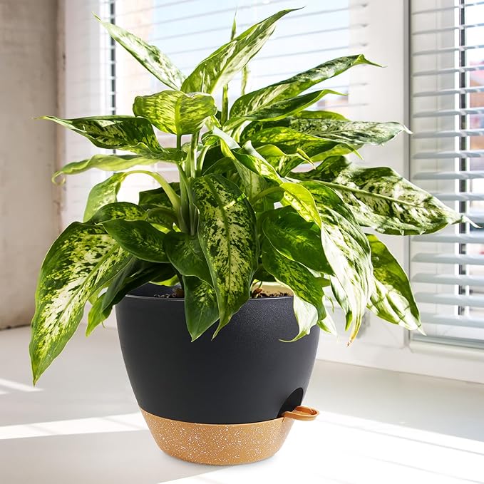 10/9/8 inch Medium Self Watering Pots, Planter, Plant Pots with Mesh Drainage Holes for Indoor Outdoor Garden Plants, Plastic Flower Pots with Removable Deep Reservoir, Black with Brown-Ruum Studio Home