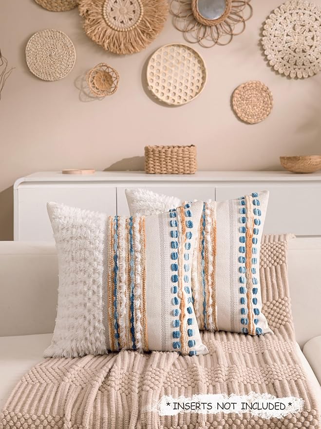Boho Chenille Tufted Couch Throw Pillow Covers 18x18 Inch Set of 2 Farmhouse Striped Decorative Pillow Covers Accent Neutral Pillowcase Caramel Brown Blue Cushion Cover for Livingroom Sofa Bed-Ruum Studio Home