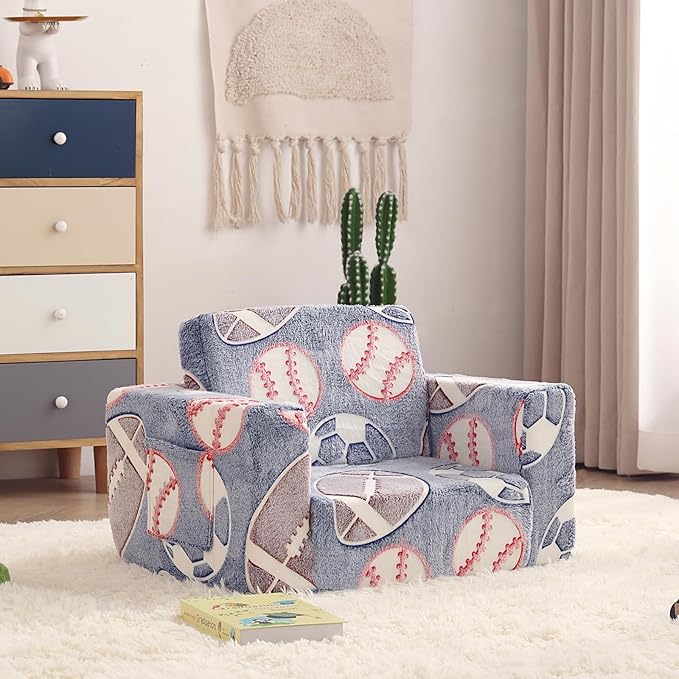Toddler Chair Kids Couch, 2-in-1 Toddler Soft Sherpa Couch Fold Out Armchair Glow in The Dark with Removable Cover, Convertible Reading Chair Toddler Sofa for Kids, Football-Ruum Studio Home