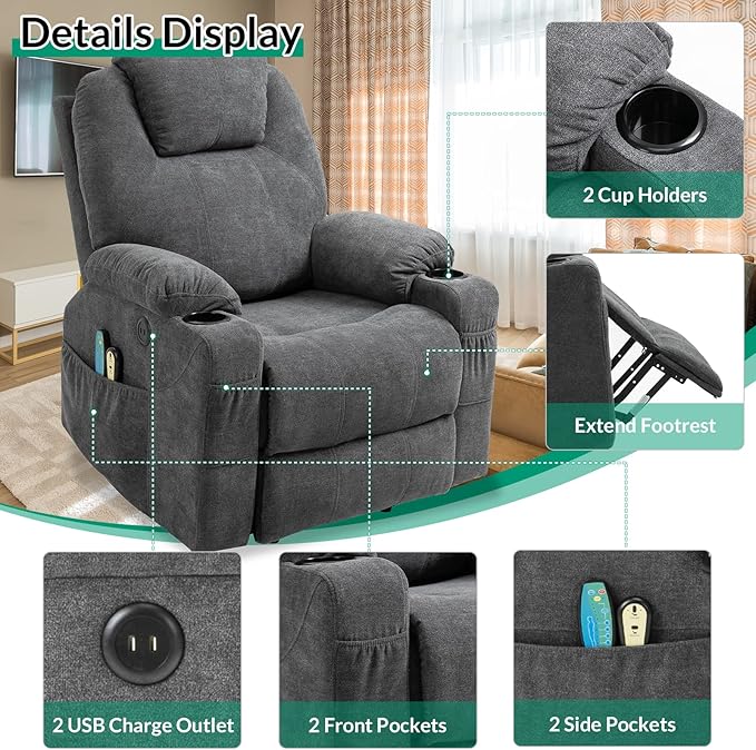 VIVIJASON Power Lift Chair Electric Recliner for Elderly Heated Vibration Massage Fabric Recliner Chair with 2 Remote Controls, Cup Holders, Side Pockets & USB Ports for Living Room (Grey)-Ruum Studio Home