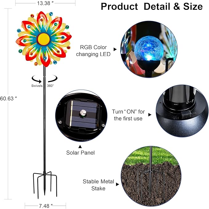 Soalr Wind Spinners -60.63 Inch Outdoor Metal Stake Yard Wind Sculptures, Solar Powered Multi-Color LED Glass Ball with Kinetic Wind Spinner Windmills for Outdoor Lawn & Garden Decoration-Ruum Studio Home