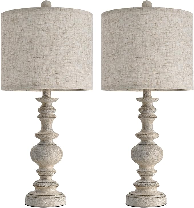 BOBOMOMO 24" Farmhouse Retro Table Lamp Set of 2, Traditional Resin Lamps for Living Room Bedroom, Vintage Bedroom Lamps with Linen Shades, Rustic Table Lamps for Living Room, Nursery, Office-Ruum Studio Home