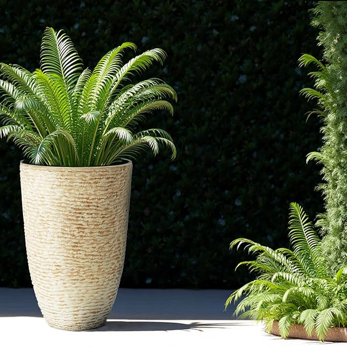 Worth 9 Gallon Tall Round Planters Set of 2-14" Dia x 21" H Stone Finish Flower Pots Indoor Decorative Container Garden Patio Unbreakable Beige-Ruum Studio Home
